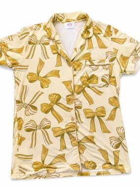 In My Sundays Women's Small Yellow Bow Print Collared Button Up Pajama Top